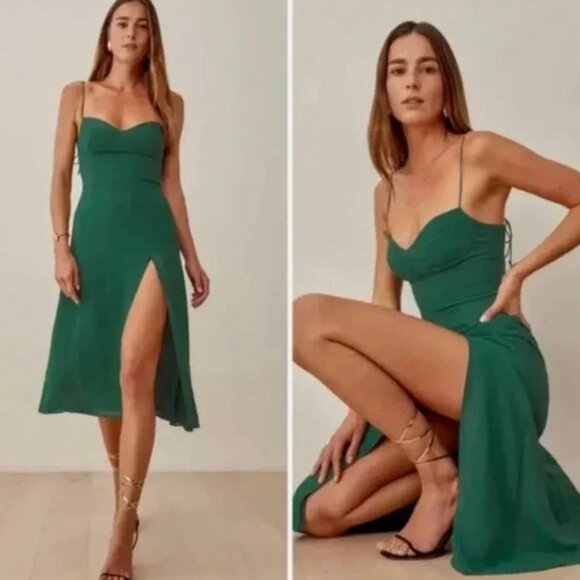 Reformation Juliette Side-Slit Crepe Midi Dress Green 4 - Picture 5 of 5